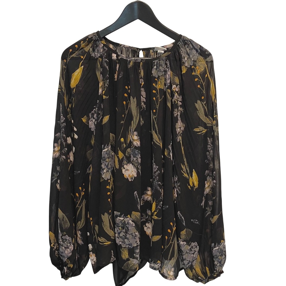 A New Day Womens XXL Floral Print Long Sleeve Blouse Black‎ Trendy